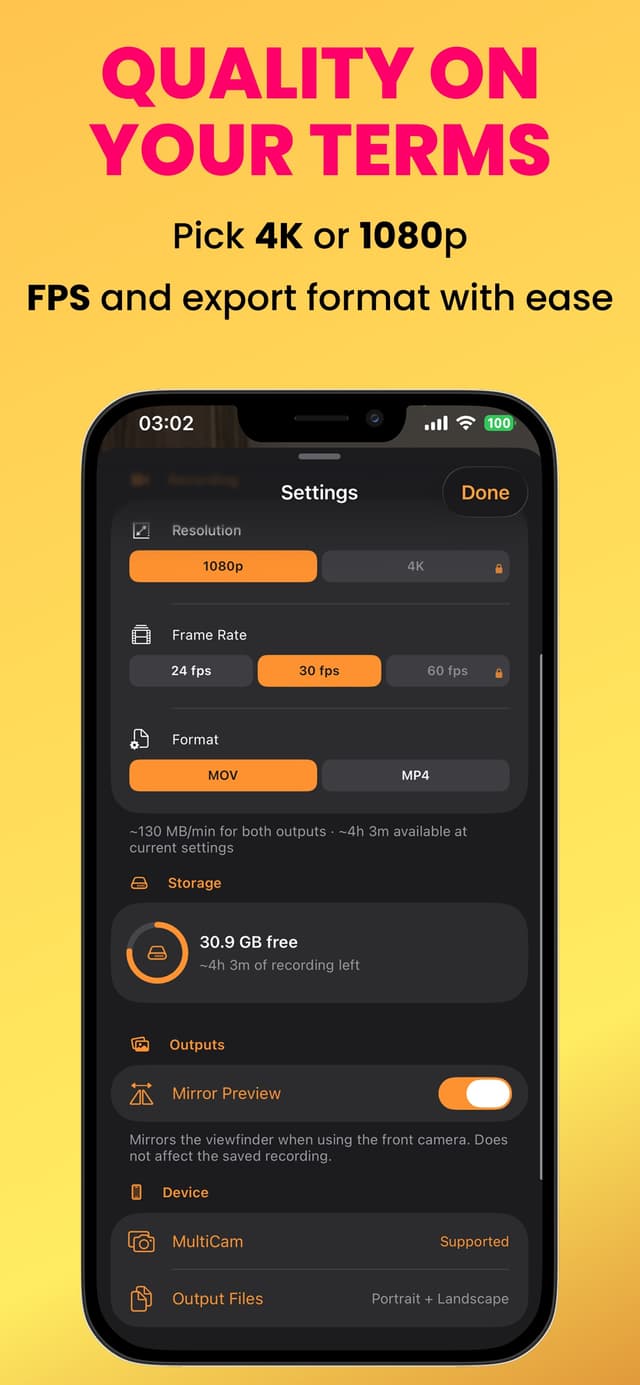 DualView – 4K 1080p resolution fps and MOV MP4 format settings